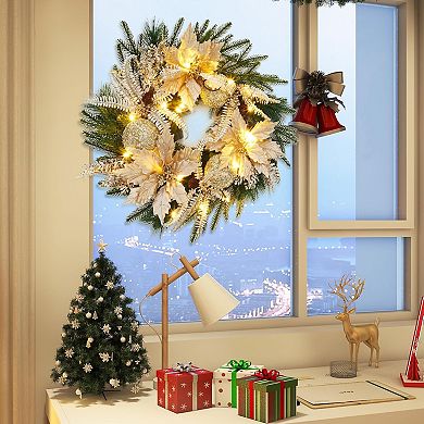 24" Pre-Lit Christmas Wreath,Artificial Wreath with Golden Ball Ornaments & Artificial Flower Leaves