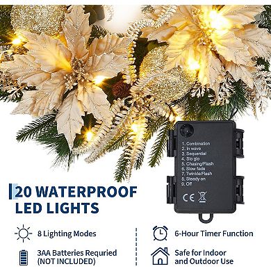 24" Pre-Lit Christmas Wreath,Artificial Wreath with Golden Ball Ornaments & Artificial Flower Leaves