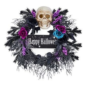 22" Halloween Skeleton Wreath with Lights, Spooky Front Door Wreath, Adorned with Flowers