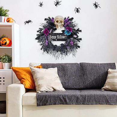 22" Halloween Skeleton Wreath with Lights, Spooky Front Door Wreath, Adorned with Flowers