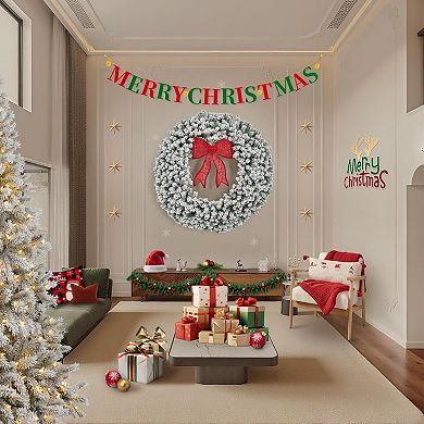 Artificial Christmas Wreath with Bow, Pre-Lit Winter Wreath with LED Light, Holiday Xmas Decorations