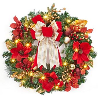 24" Christmas Wreath with 20 Lighting Modes,Holiday Decorations Featuring Shiny Ornaments and Ribbon