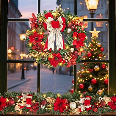 24" Christmas Wreath with 20 Lighting Modes,Holiday Decorations Featuring Shiny Ornaments and Ribbon
