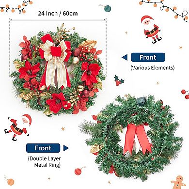 24" Christmas Wreath with 20 Lighting Modes,Holiday Decorations Featuring Shiny Ornaments and Ribbon