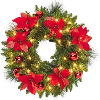 24" Pre-Lit Artificial Christmas Wreath, Frosted Pine Cone & Berry Winter Greenery Wreath for Door