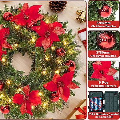 24" Pre-Lit Artificial Christmas Wreath, Frosted Pine Cone & Berry Winter Greenery Wreath for Door