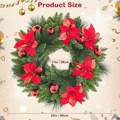 24" Pre-Lit Artificial Christmas Wreath, Frosted Pine Cone & Berry Winter Greenery Wreath for Door