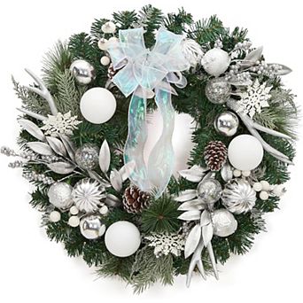 24" Decoration Silver White Christmas Wreath with Iridescent Ribbon and Antlers, Christmas Balls