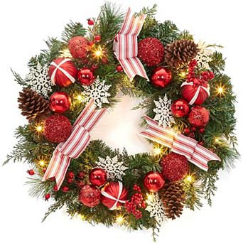 24" Pre-Lit Christmas Wreath for Front Door,Artificial Christmas Wreath with 20 Led Lights and Timer