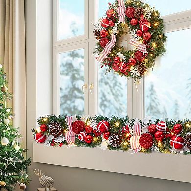 24" Pre-Lit Christmas Wreath for Front Door,Artificial Christmas Wreath with 20 Led Lights and Timer