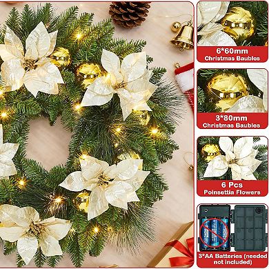 24" Christmas Wreath with Flower Cypress Leaves Balls Ornament, Pre-Lit Front Door Christmas Wreath