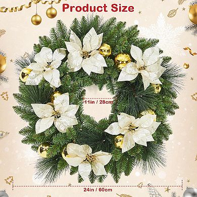 24" Christmas Wreath with Flower Cypress Leaves Balls Ornament, Pre-Lit Front Door Christmas Wreath
