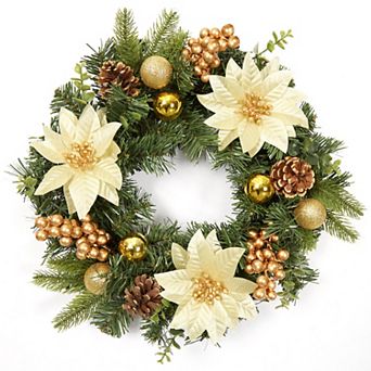 16" Christmas Wreath for Front Door,Door Wreath with Balls, Artificial Flowers, Berries & Pine Cones