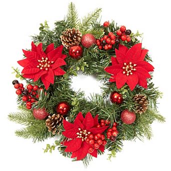16" Christmas Wreath for Front Door,Door Wreath with Balls, Artificial Flowers, Berries & Pine Cones