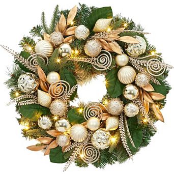 24" Christmas Wreath with Lights for Front Door, Pre-Lit Christmas Wreath, Battery Operated