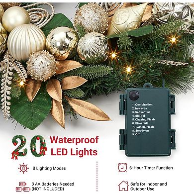 24" Christmas Wreath with Lights for Front Door, Pre-Lit Christmas Wreath, Battery Operated