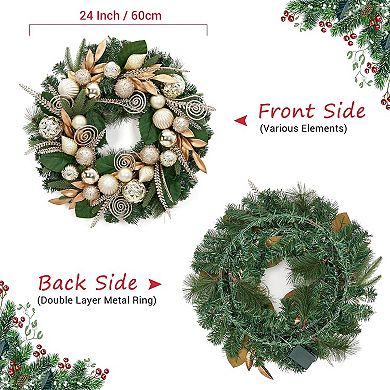 24" Christmas Wreath with Lights for Front Door, Pre-Lit Christmas Wreath, Battery Operated