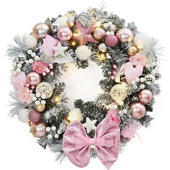 24" Pink Christmas Wreath with 20 LED Lights, Ribbon Bow, Berries, Ornaments, Battery Operated