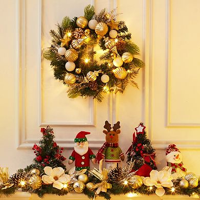 24" Lighted Christmas Wreath, Pre-Lit Christmas Wreath with Pinecones and Gold Accents,Warm Light