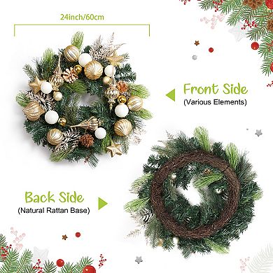 24" Lighted Christmas Wreath, Pre-Lit Christmas Wreath with Pinecones and Gold Accents,Warm Light