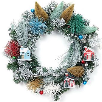 24" Artificial Snow Flocked Christmas Wreath for Front Door,Christmas Village Door Wreath Decoration