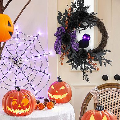 22" Halloween Wreaths for Front Door, Prelit Owl Wreath with Lighted Eyes Willow Leaves Ribbon Bow