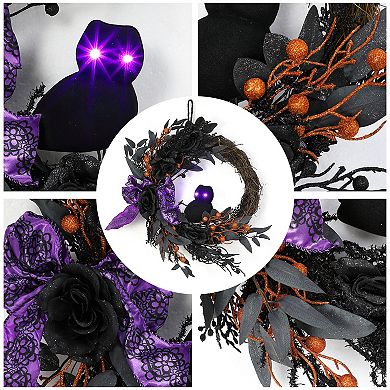 22" Halloween Wreaths for Front Door, Prelit Owl Wreath with Lighted Eyes Willow Leaves Ribbon Bow