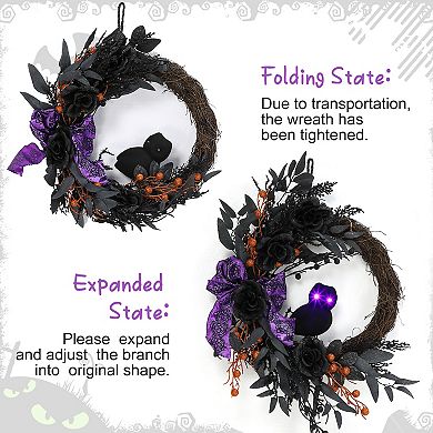 22" Halloween Wreaths for Front Door, Prelit Owl Wreath with Lighted Eyes Willow Leaves Ribbon Bow