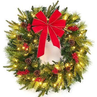 24" Prelit Christmas Wreath for Front Door with 50 LED Lights, Large Red Bow, Pine Cones,and Berries