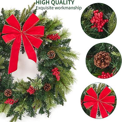 24" Prelit Christmas Wreath for Front Door with 50 LED Lights, Large Red Bow, Pine Cones,and Berries