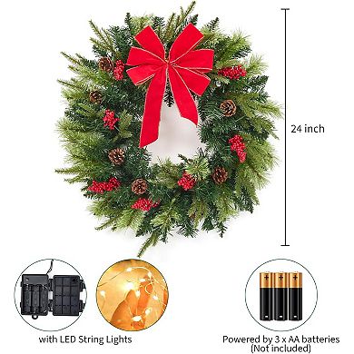 24" Prelit Christmas Wreath for Front Door with 50 LED Lights, Large Red Bow, Pine Cones,and Berries