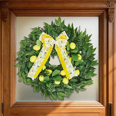 24" Artificial Lemon Wreath with Yellow Lemon & Bow, Greenery Leaves, Spring/Summer Wreaths