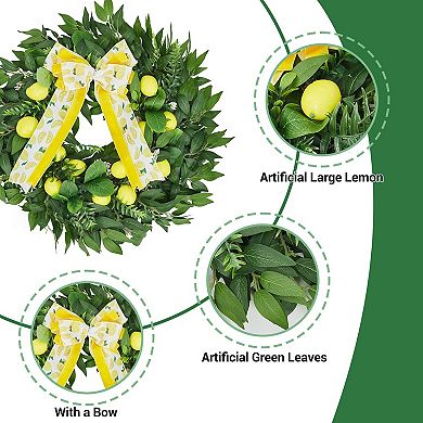 24" Artificial Lemon Wreath with Yellow Lemon & Bow, Greenery Leaves, Spring/Summer Wreaths