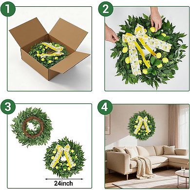 24" Artificial Lemon Wreath with Yellow Lemon & Bow, Greenery Leaves, Spring/Summer Wreaths