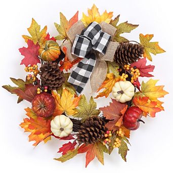 Thanksgiving Fall Wreath for Front Door,20"Autumn Wreath Fall Decorations with Pumpkin,Maple Leaves