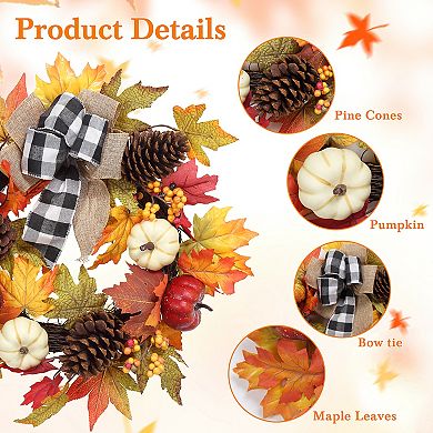 Thanksgiving Fall Wreath for Front Door,20"Autumn Wreath Fall Decorations with Pumpkin,Maple Leaves