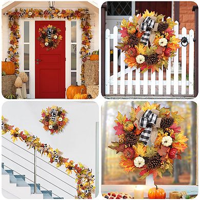 Thanksgiving Fall Wreath for Front Door,20"Autumn Wreath Fall Decorations with Pumpkin,Maple Leaves