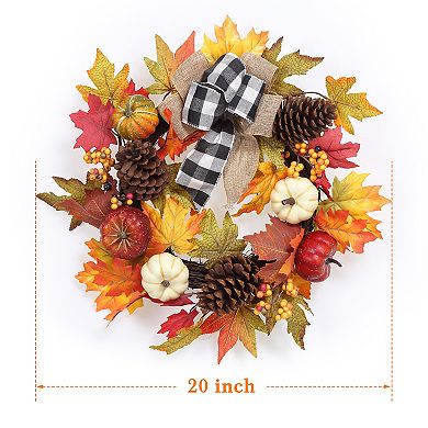 Thanksgiving Fall Wreath for Front Door,20"Autumn Wreath Fall Decorations with Pumpkin,Maple Leaves