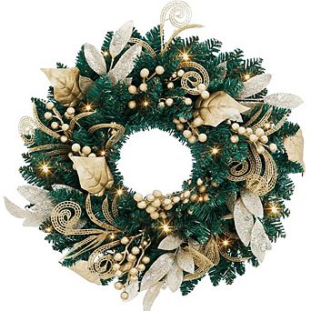 18"PreLit Christmas Wreath,Artificial Christmas Wreath with LED Light,Battery Operated Holiday Decor