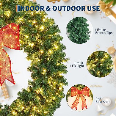 Artificial Christmas Wreath with Bow, Pre-Lit Winter Wreath with LED Light, Holiday Xmas Decorations