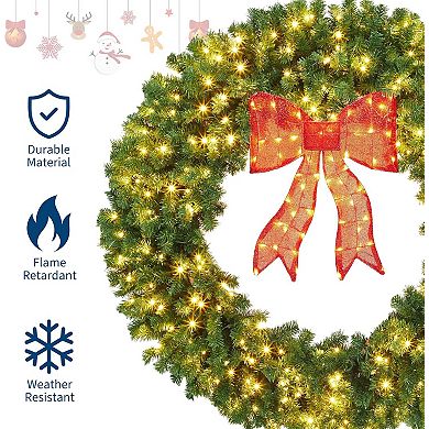 Artificial Christmas Wreath with Bow, Pre-Lit Winter Wreath with LED Light, Holiday Xmas Decorations