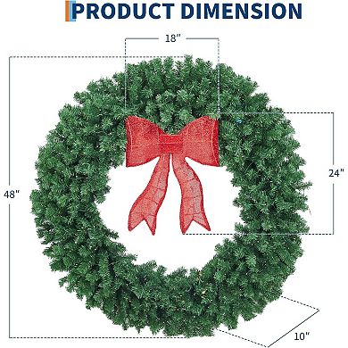 Artificial Christmas Wreath with Bow, Pre-Lit Winter Wreath with LED Light, Holiday Xmas Decorations