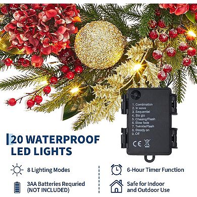 24" Christmas Wreath for Front Door, Pre-Lit Xmas Wreath with Gold Ball Ornaments, Flowers & Berries