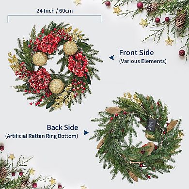 24" Christmas Wreath for Front Door, Pre-Lit Xmas Wreath with Gold Ball Ornaments, Flowers & Berries