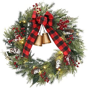 2 pc 24" Pre-Lit Christmas Wreath with Bell,Bow,Red Berries&Pine Cones,Red&Green Holiday Decoration