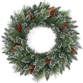 24" Christmas Wreath with Pine Cones & Light,Pre-Lit Front Door Christmas Wreath,for Indoor Outdoor