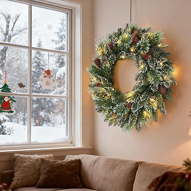 24" Christmas Wreath with Pine Cones & Light,Pre-Lit Front Door Christmas Wreath,for Indoor Outdoor