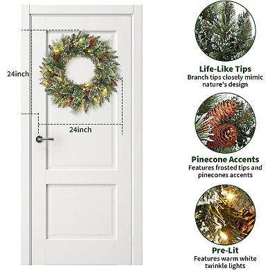24" Christmas Wreath with Pine Cones & Light,Pre-Lit Front Door Christmas Wreath,for Indoor Outdoor