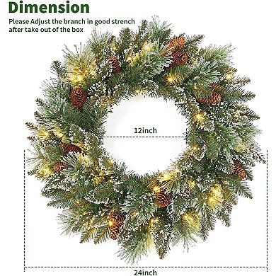 24" Christmas Wreath with Pine Cones & Light,Pre-Lit Front Door Christmas Wreath,for Indoor Outdoor