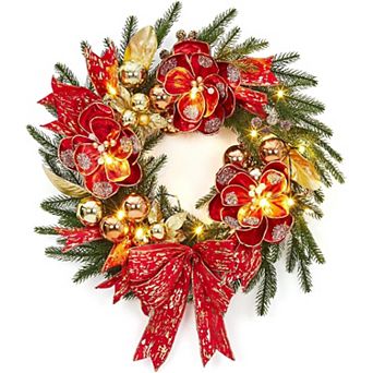 24" Pre-Lit Christmas Wreath with Warm White LED Lights, Artificial Pine Decorated with Red Bow